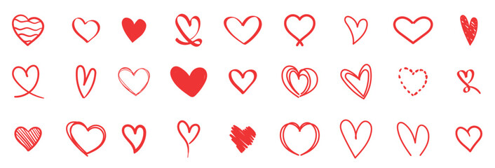 Doodle hand drawn red heart icon collection, big set love sign
