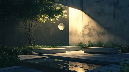 Tranquil outdoor scene with water feature tree and architectural details