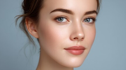 Fototapeta premium Natural beauty portrait of a young woman with radiant skin, natural makeup, and captivating blue eyes against a soft blue backdrop for creative projects