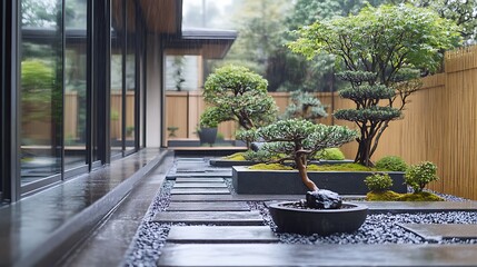 Tranquil outdoor zen garden with bonsai trees and modern architecture