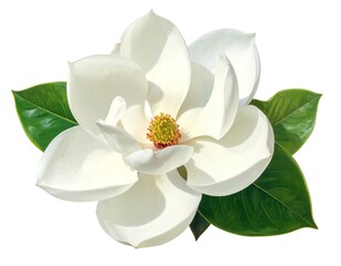 Fototapeta premium Close-up studio shot of a beautiful, fully bloomed flower with white petals and vibrant green leaves against white