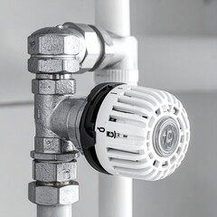 Silver pipe valve connects to white plumbing with a textured knob, viewed close up against a blurred background