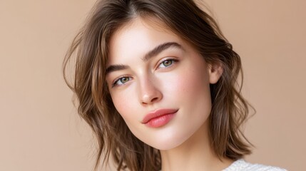 Fototapeta premium Close-up Portrait of Young Woman with Natural Makeup and Soft Light Against Neutral Background for Beauty and Fashion Concepts