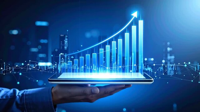 Businessman analyzing growing statistics on tablet with rising graph