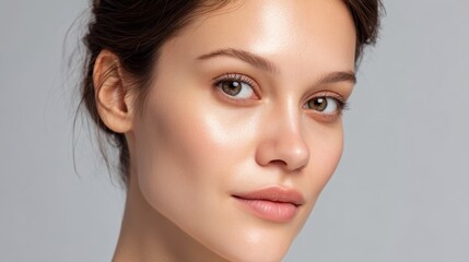 Fototapeta premium Close-Up Portrait of a Young Woman with Natural Beauty, Radiant Skin, Soft Features, and Neutral Background for Beauty and Skincare Concepts