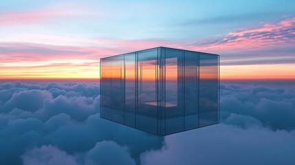 Transparent cube floating above clouds with sunset sky and scenic views