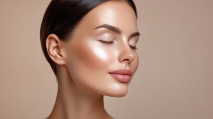 Obraz premium Radiant female beauty portrait with flawless skin and soft lighting showcasing natural elegance and serenity against a neutral background