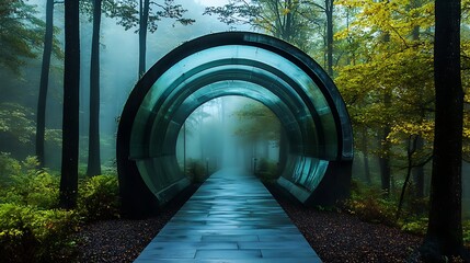 Tunnel perspective through a green forest with misty atmosphere and sunlight