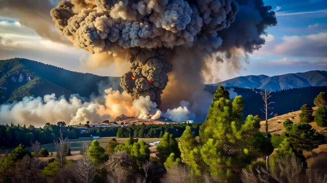 Massive explosion with huge smoke cloud over mountain landscape