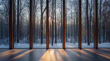 Winter forest view through large window architecture sunlight background