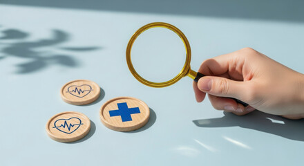 Hand holding magnifying glass over medical icons on wooden tokens, healthcare concept, selective focus