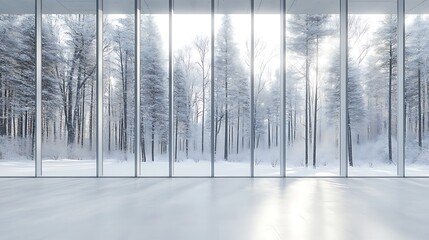 Winter forest view through large window architecture sunlight background