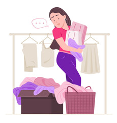 Shopaholic Woman Holding Shopping Bag and Walking Through Unused Clothes in Her Room for Fast Fashion Clothes Concept Illustration Clip Art