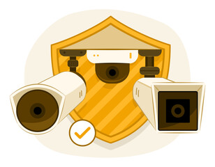 CCTV Camera in Difference Types of Bullet Camera, IP Camera and PTZ Camera with Security Shield Symbol for Security Surveillance Camera and Security Monitoring Service Concept Illustration Clip Art