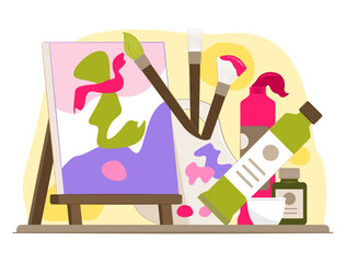 Color Stroke on Artist Canvas Frame in Easel with Paint Brushes, Color Tubes, Color Mixing Palette and Art Supplies Stationery for Painting Hobby Concept Illustration Clip Art