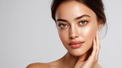 Obraz premium Beautiful young woman with flawless skin and natural makeup, showcasing her glowing complexion and captivating green eyes for beauty and skincare concepts