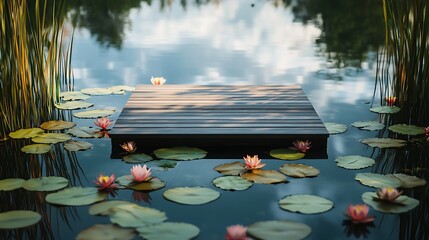 Wooden dock and water lilies on serene pond reflecting sky and surrounding foliage