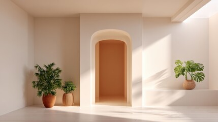 Fototapeta premium Modern interior design concept featuring minimalist architecture with potted plants, natural light, and warm neutral tones in serene living space