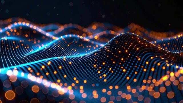 Vibrant digital wave pattern with glowing blue and orange dots