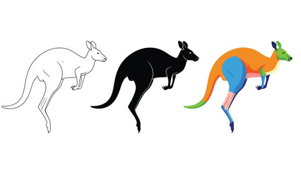 Fototapeta premium Collection of three jumping kangaroo illustrations showing outline silhouette and colorful modern art styles against a white background