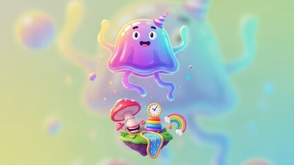Obraz premium Whimsical rainbow creature celebrates on a magical floating island with charming elements and