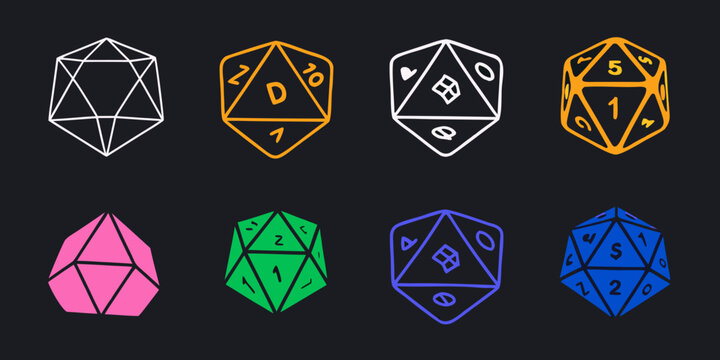 A collection of polyhedral dice in various colors and styles