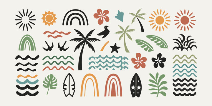 Stylized summer illustrations featuring suns waves plants and tropical motifs