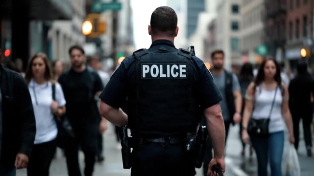 Police Officer Patrolling a Dynamic, Crowded City Street, Law Enforcement in Urban Environment
