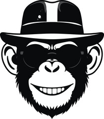 Stylized black and white cartoon monkey wearing a fedora hat and sunglasses with a wide smile primate