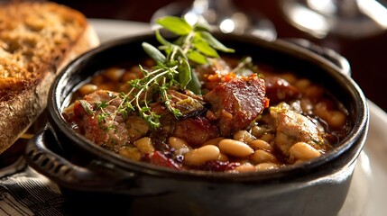 Thick pork and white bean cassoulet is served hot in a small black crock.