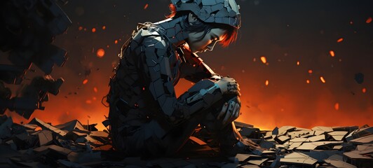 Fototapeta premium silhouette of Broken Cyborg ,generative AI