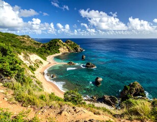 A serene tropical coastline with turquoise waters and lush greenery