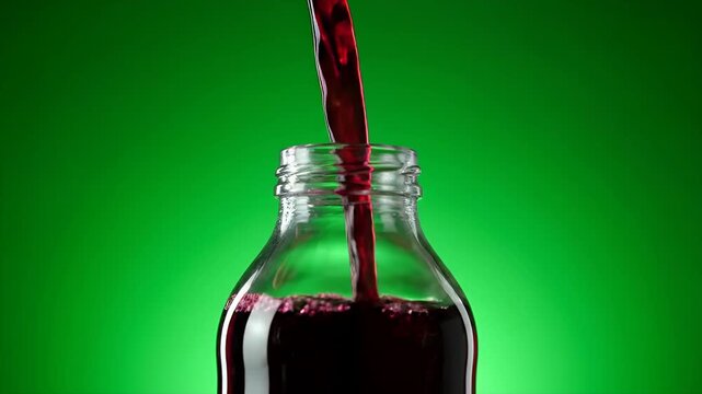 Red liquid pouring into a glass bottle against a green background from a high viewpoint