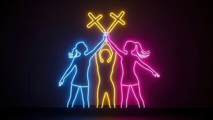 Vibrant neon outlines of three women united, celebrating collective strength and energetic