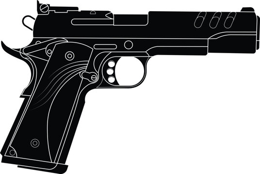 Silhouette of a Smith and Wesson SW1911 45 ACP performance center pistol side view vector illustration. 