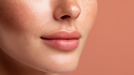 Fototapeta premium Close-up of Woman's Soft Lips and Smooth Skin With Natural Freckles Against a Coral Background Highlighting Beauty and Personal Care Aesthetics