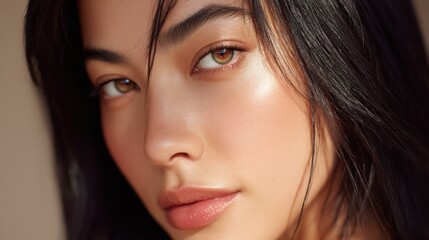 Obraz premium Close-up Portrait of a Beautiful Young Woman with Flawless Skin and Captivating Brown Eyes, Showcasing Natural Look and Soft, Dreamy Light