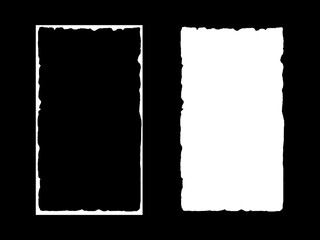 Obraz premium Piece of torn paper on black background with distressed edges paper hole and rectangular border for grunge collages labels and creative design elements