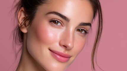 Fototapeta premium Upbeat Young Woman with Beautiful Complexion Smiling Against a Soft Pink Background Expressing Confidence and Radiance in Natural Light
