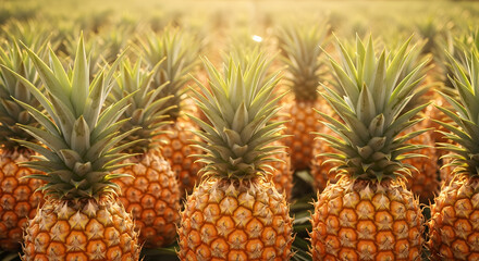 Fototapeta premium Golden Sunset Light Illuminates Ripe Pineapples In A Tropical Farm Field