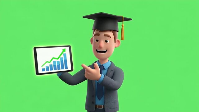 Cartoon Digital Marketer Graduation - A cartoon digital marketer in graduation cap is holding a tablet showing a growing graph, against a green screen background.