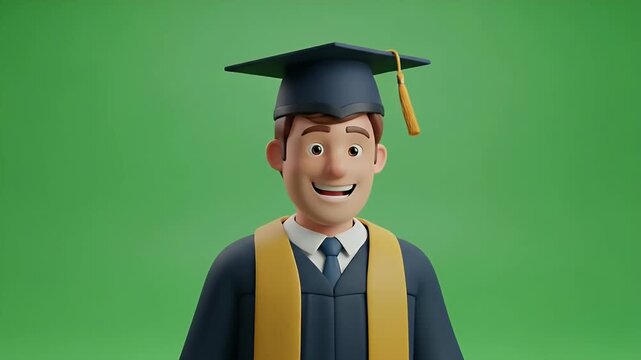 Cartoon Engineer Graduation Green Screen - A cartoon engineer stands proudly in his graduation cap and gown, on a chroma key green screen background. The character is designed in a modern 3D style.