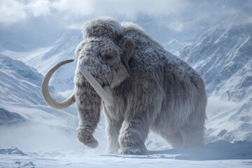 a giant, muscular ice mammoth with long hair and white fur on the top of its back. the creature is standing in snow covered mountains. a misty sky above.