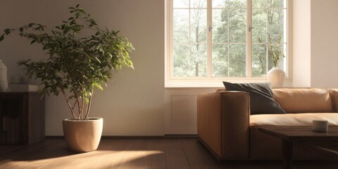 a potted plant in a living room, next to a window with trees outside, white walls, warm lighting, a warm brown sofa.