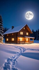 A cozy cabin under a full moon in a snowy forest landscape