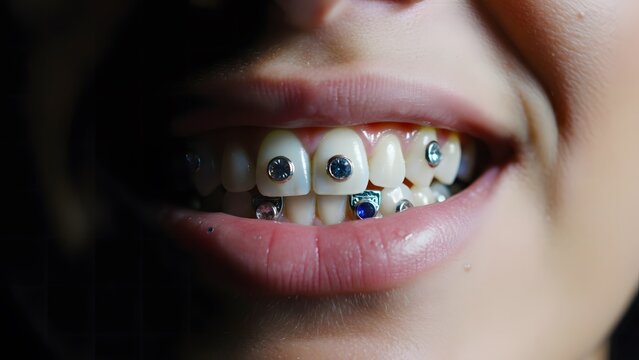 Smile with blue silver tooth gems close up, alternative cosmetic body art trend, gen z beauty lifestyle, dental jewelry accessory, modern self expression.