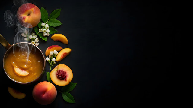 Fresh peach compote cooking in copper pot with sliced fruit and white blossoms on dark background