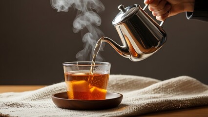Elevated tea time ritual showcasing metallic kettle, aromatic steam, and cup