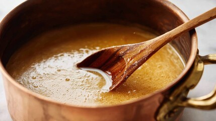 Fototapeta premium Culinary Fusion: A captivating overhead shot of a copper pot brimming with a rich, inviting sauce, gracefully complemented by a wooden spoon, evoking a sense of culinary artistry and warmth.