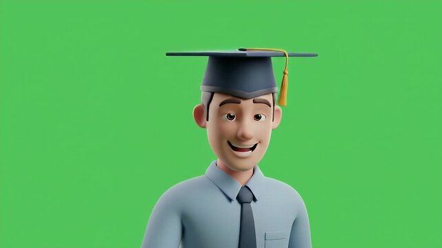 Cartoon Graduate Green Screen - This is a 3D video of a cartoon IT support specialist wearing a graduation cap against a chroma key green screen background.